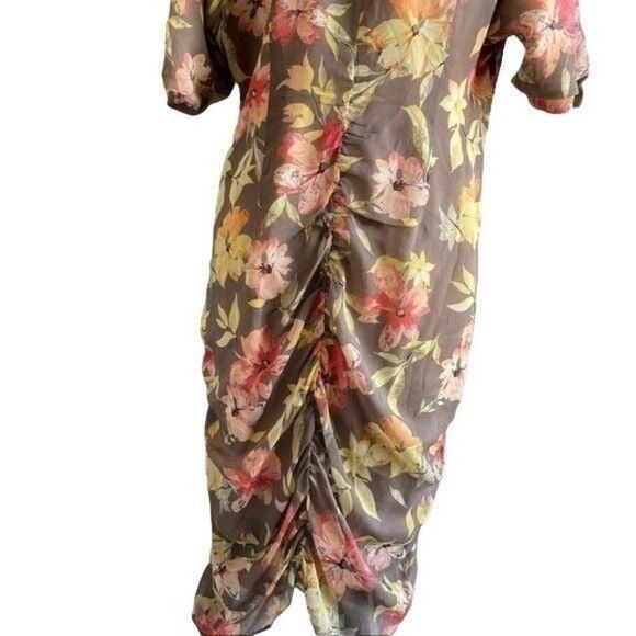 Sundance Brown Floral Short Sleeves Ruched V-Neck Silk Dress Size 14 - Picture 6 of 10